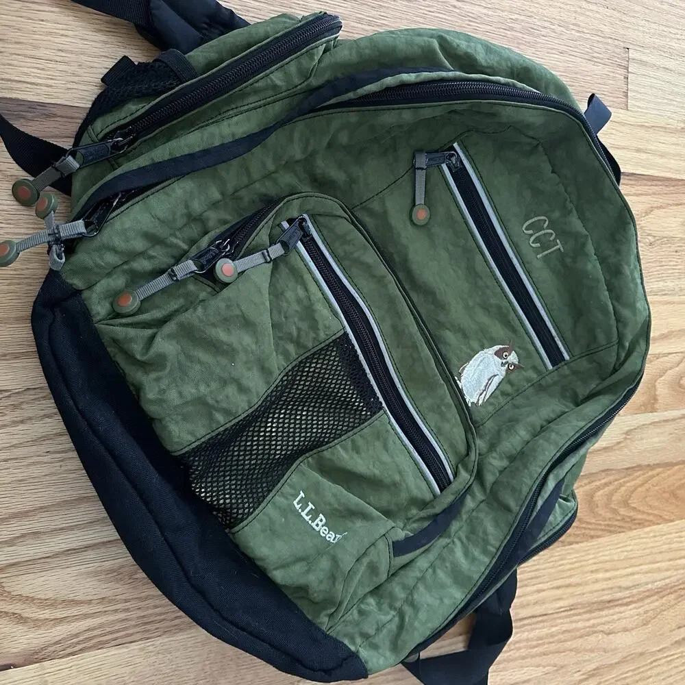 VTG LL Bean Backpack Kids Owl Logo Green Mesh Medium 16in CCT